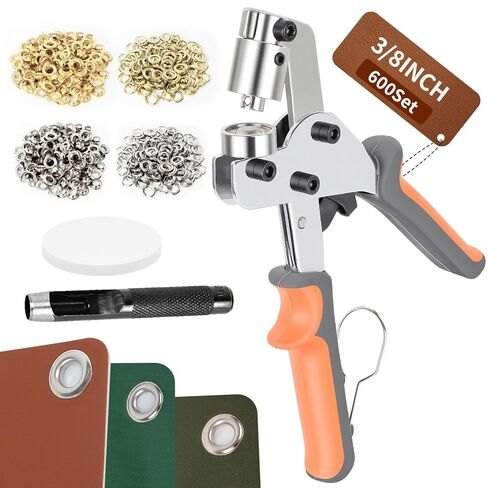 مجموعة أدوات جروميت شديدة التحمل - 600 مجموعة حلقات تثبيت 3/8 بوصة، أداة ثقوب ضغط يدوية مع ثقب لنسيج القنب، لافتة جلدية، خيام قماشية من الفينيل (600 مجموعة 3/8 بوصة - فضي وذهبي) in Kuwait