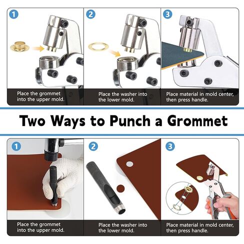 مجموعة أدوات جروميت شديدة التحمل - 600 مجموعة حلقات تثبيت 3/8 بوصة، أداة ثقوب ضغط يدوية مع ثقب لنسيج القنب، لافتة جلدية، خيام قماشية من الفينيل (600 مجموعة 3/8 بوصة - فضي وذهبي) in Kuwait
