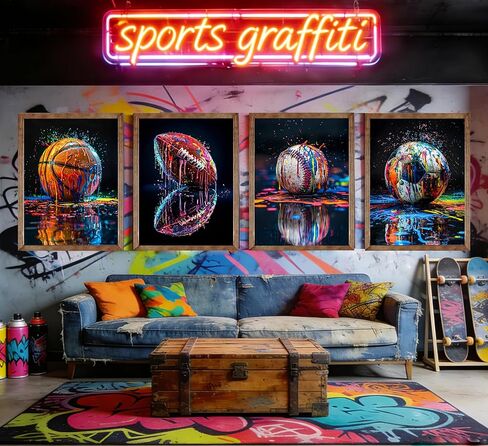 4Pcs Graffiti Sport Wall Art Colorful Basketball Baseball Wall Decor American Football Posters Prints Trendy Cool Pop Football Canvas Painting for Teen Boys Room Bedroom Pictures 8x10in Unframed in Saudi Arabia