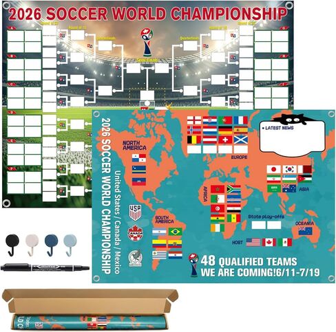 2026 World Cup Schedule Poster, 48 Teams Tournament Wall Map & Finals Bracket Showcase, 2-in-1 Double-Sided Write-on Chart, Waterproof PVC Material, Includes Marker & Hooks, Soccer Gifts for Fans in Saudi Arabia