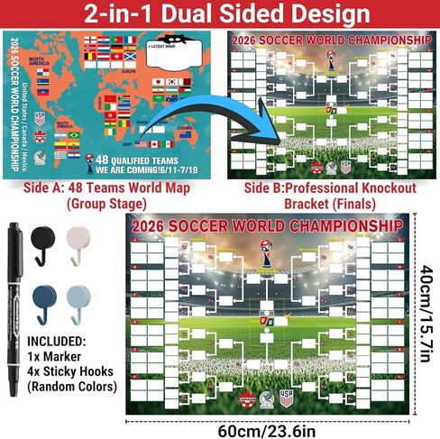 2026 World Cup Schedule Poster, 48 Teams Tournament Wall Map & Finals Bracket Showcase, 2-in-1 Double-Sided Write-on Chart, Waterproof PVC Material, Includes Marker & Hooks, Soccer Gifts for Fans in Saudi Arabia
