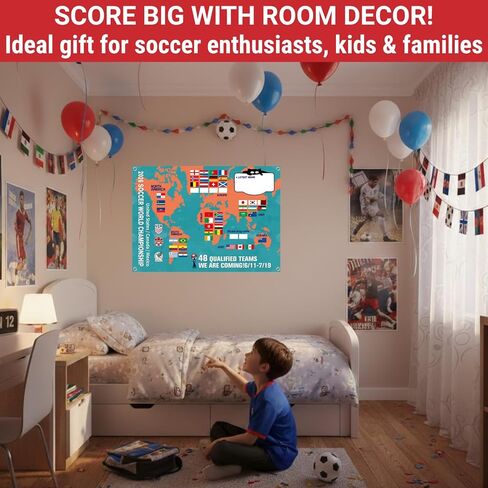 2026 World Cup Schedule Poster, 48 Teams Tournament Wall Map & Finals Bracket Showcase, 2-in-1 Double-Sided Write-on Chart, Waterproof PVC Material, Includes Marker & Hooks, Soccer Gifts for Fans in Saudi Arabia
