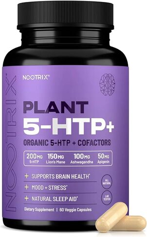 Nootrix Organic Plant 5HTP+ Cofactor Vitamin B6, Lions Mane, Apigenin, L Theanine Supplement w Ashwagandha - Brain Supplement - Supports Mood, Cognition, Better Sleep - 5 HTP - 120 Vegetable Capsules in Kuwait