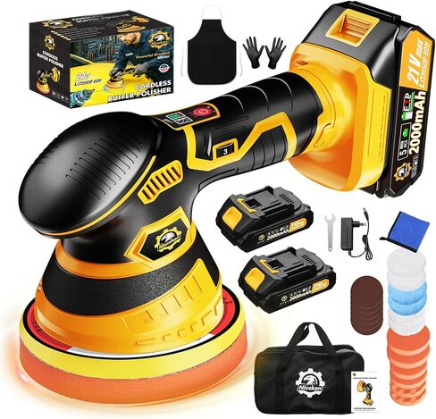 Cordless Car Buffer Polisher kit [2X 2000mAh 21V Batteries & 18 PCS Attachments] 6-Speed Orbital Design, LED Display, 6 Inch Lightweight Detailing Tool for Waxing, Polishing & Scratch Removal in Saudi Arabia