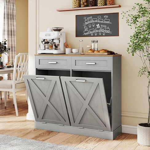 Miereirl 2 x 10 Gallons Double Tilt Out Trash Can Cabinet, Wooden Fluted Trash Can Cabinet with Storage Drawers, Hidden Garbage Can Cabinets for Dining Room, Black in Saudi Arabia