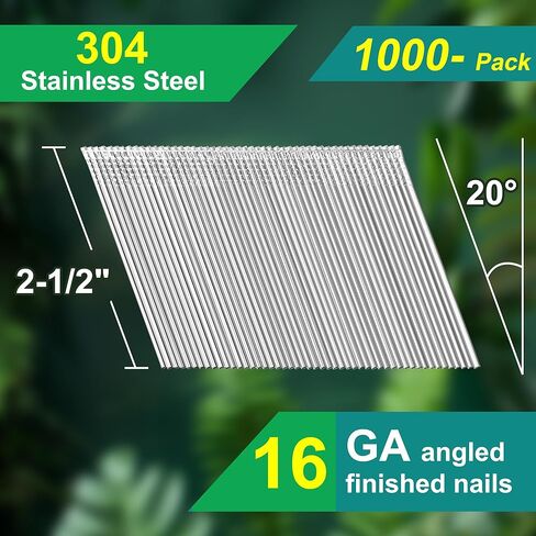 مسامير تشطيب بزاوية 16 قياس 304 من الفولاذ المقاوم للصدأ 2-1/2 بوصة مسامير تشطيب 20 درجة 1000 حزمة لمسدسات المسامير الكهربائية أو الهوائية لتقليم النوافذ وبناء الخزانة والمشروعات اليدوية in Kuwait