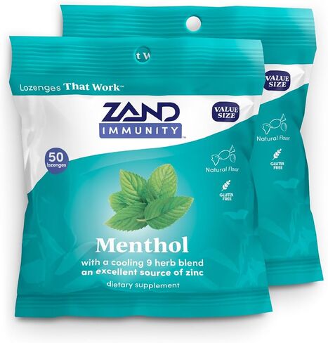 ZAND Immunity Menthol Lozenges 2 Pack - معينات جيدة للفم الجاف - مكمل دعم المناعة مع المنثول، الزنك 5 ملغ، الدردار الزلق، تهدئة الحلق الجاف، نكهة طبيعية، خالي من الغلوتين، 50 قيراط لكل قطعة in Kuwait