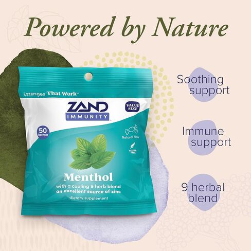 ZAND Immunity Menthol Lozenges 2 Pack - معينات جيدة للفم الجاف - مكمل دعم المناعة مع المنثول، الزنك 5 ملغ، الدردار الزلق، تهدئة الحلق الجاف، نكهة طبيعية، خالي من الغلوتين، 50 قيراط لكل قطعة in Kuwait