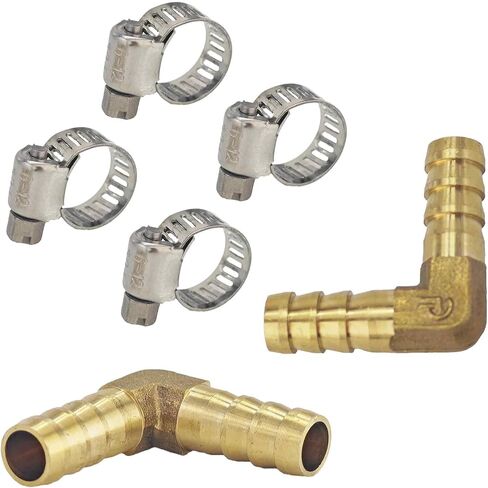 2PCS 3/8" 10mm Brass Hose Barb Elbow, 90 Degree L-Shaped Fitting for Water Fuel Air Lines, Right Angle Barbed Connector with 4PCS Hose Clamps in Kuwait