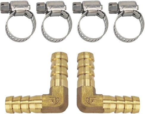 2PCS 3/8" 10mm Brass Hose Barb Elbow, 90 Degree L-Shaped Fitting for Water Fuel Air Lines, Right Angle Barbed Connector with 4PCS Hose Clamps in Kuwait