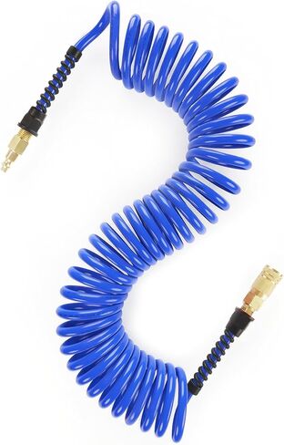 Keepro Polyurethane Recoil Air Hose, 1/4 Inch ID By 25 Feet Long Air Compressor Hose with Repairable Solid Brass 1/4" Industrial Quick Coupler and Plug, 145 PSI Maximum Pressure, Blue in Kuwait