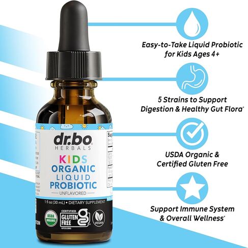 Kids Probiotic Liquid Drops Organic - Organic Probiotics for Kids Probiotics Age 4+, Digestive Health, Immune Support, Flora Gut Health Supplements - Vegan Kid Liquid Probiotic Drops, Non-GMO 1 Fl Oz in Saudi Arabia