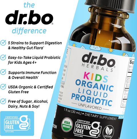 Kids Probiotic Liquid Drops Organic - Organic Probiotics for Kids Probiotics Age 4+, Digestive Health, Immune Support, Flora Gut Health Supplements - Vegan Kid Liquid Probiotic Drops, Non-GMO 1 Fl Oz in Saudi Arabia