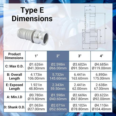 2PCS 2" Lightweight Camlock Fittings Type E - A380 Permanent Mold Aluminum, Cam Lock Corrosion-Resistant Adapter & Hose Shank for Water/Oil Flow Systems in Saudi Arabia