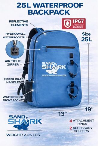 حقيبة ظهر مقاومة للماء سعة 25 لتر من ساند شارك - حقيبة ظهر غاطسة IP67 مع سحاب محكم، وغطاء من مادة TPU، وحقيبة كمبيوتر محمول - حقيبة جافة مقاومة للماء لركوب القوارب والشاطئ والسباحة والسفر والرياضات المائية in Kuwait