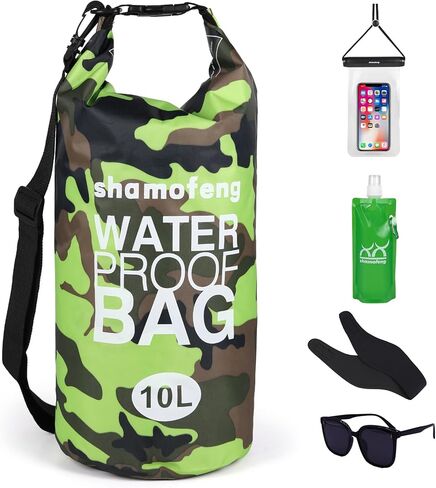 حقيبة جافة مقاومة للماء 5L/10L/15L/20L/30L حقيبة ظهر للتخزين الجاف مع حافظة هاتف، زجاجة مياه قابلة للطي، نظارات شمسية، عصابة أذن للتجديف بالقوارب والسباحة والصيد والتخييم، أخضر 30 لتر in Kuwait