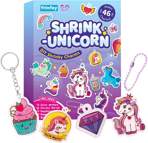 89pc DIY Unicorn Art Plastic Art Kit - 46 أشكالًا مسبقًا ، 12 علامة وإكسسوارات - قم بعمل سحر وسلاسل مفاتيح وعلامات - مركبة لا تتألف للأطفال - هدية عيد ميلاد مع ألواح بلاستيكية متقلصة in Kuwait
