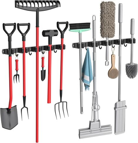 2 حزمة حامل مكنسة جدار جبل ممسحة ومكنسة شماعات مكنسة منظم تخزين أداة رفوف الفولاذ المقاوم للصدأ الثقيلة للمطبخ حديقة الغسيل المرآب (5 رفوف مع 4 خطاف) in Kuwait