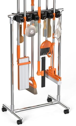 No-Drill Broom Holder Laundry Room Organization, Movable Cleaning Supplies Organizer, Cleaning Cart with 10 Racks and 12 Hooks, Broom and Mop Holder for Kitchen Laundry Garden Garage in Saudi Arabia