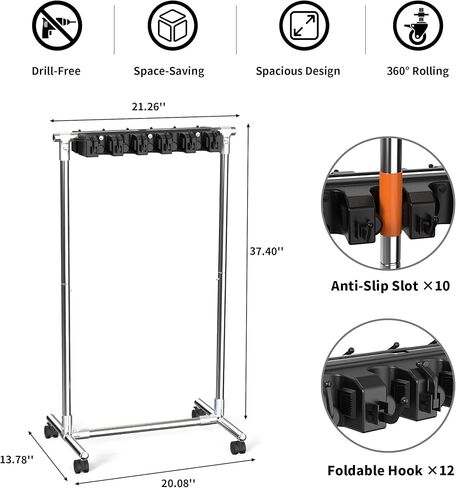 No-Drill Broom Holder Laundry Room Organization, Movable Cleaning Supplies Organizer, Cleaning Cart with 10 Racks and 12 Hooks, Broom and Mop Holder for Kitchen Laundry Garden Garage in Saudi Arabia