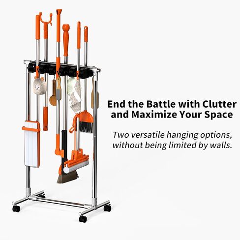 No-Drill Broom Holder Laundry Room Organization, Movable Cleaning Supplies Organizer, Cleaning Cart with 10 Racks and 12 Hooks, Broom and Mop Holder for Kitchen Laundry Garden Garage in Saudi Arabia