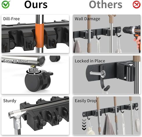 No-Drill Broom Holder Laundry Room Organization, Movable Cleaning Supplies Organizer, Cleaning Cart with 10 Racks and 12 Hooks, Broom and Mop Holder for Kitchen Laundry Garden Garage in Saudi Arabia