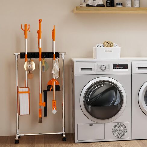 No-Drill Broom Holder Laundry Room Organization, Movable Cleaning Supplies Organizer, Cleaning Cart with 10 Racks and 12 Hooks, Broom and Mop Holder for Kitchen Laundry Garden Garage in Saudi Arabia