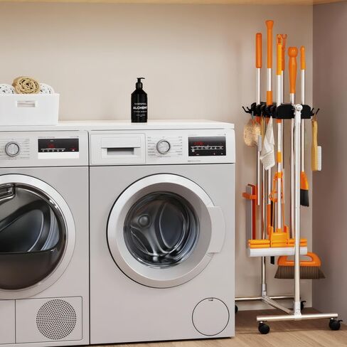 No-Drill Broom Holder Laundry Room Organization, Movable Cleaning Supplies Organizer, Cleaning Cart with 10 Racks and 12 Hooks, Broom and Mop Holder for Kitchen Laundry Garden Garage in Saudi Arabia
