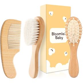 فرشاة الأطفال الخشبية ومجموعة مشط من 3 قطع من خشب الزان مسطح ، فرش باسوود مع شعيرات الصوف الناعمة ومشط وسادة الخيزران-هدية الطفل المثالية اللطيفة in Kuwait