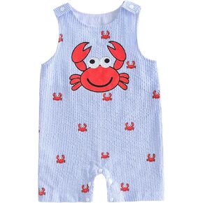 Newborn Baby Boy Romper Fishing Embroidered Outfit Plaid Sleeveless Jumpsuit Infant Overalls Summer Clothes in Kuwait