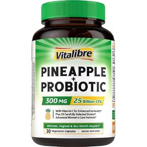 Vitalibre Pineapple + Probiotic, 300 mg, 25 Billion CFUs, 13 Strains, Natural Vitamin C, Powerful Antioxidants, for Immunity, Vaginal, Gut Health, 30 Vegan Capsules, Non GMO in Kuwait