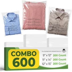 حزمة كومبو عدد 600 (9 × 12 11 × 14 12 × 15) أكياس بولي شفافة مع تحذير من الاختناق - ختم ذاتي - تخزين، شحن in Kuwait