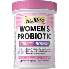 Vitalibre Probiotics for Women 30 Strains, 100 Billion CFU Vaginal Probiotics with Digestive Enzymes, Prebiotics & Cranberry for Urinary Tract Health, pH Balance, 30 Veggie Capsules in Kuwait