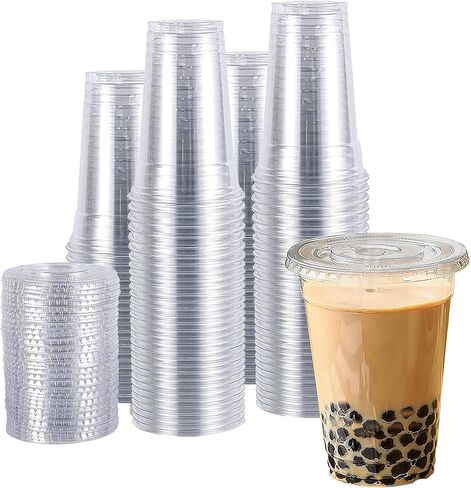 تاشي بوكس ​​أكواب بلاستيك بأغطية مسطحة 100 طقم 16 أونصة، أكواب مشروبات كريستال شفاف بأغطية in Kuwait