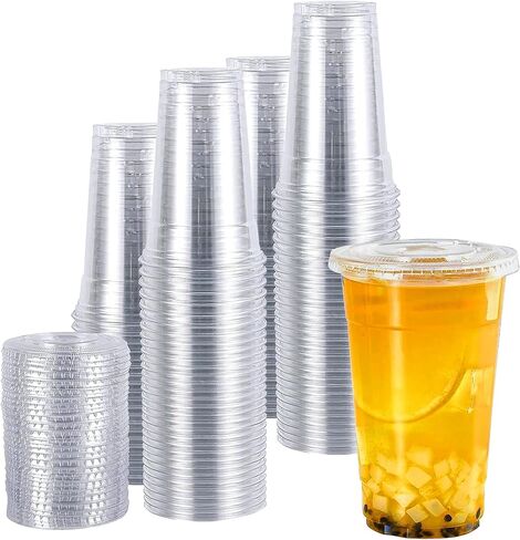 TashiBox Plastic Cups with Flat Lids 100 Sets 16 oz, Clear Crystal drink cups with lids in Saudi Arabia
