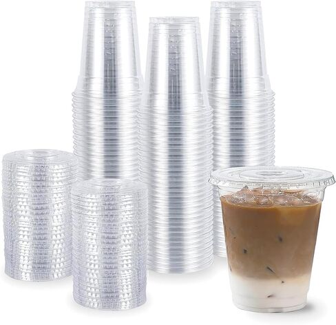 TashiBox Plastic Cups with Flat Lids 100 Sets 16 oz, Clear Crystal drink cups with lids in Saudi Arabia