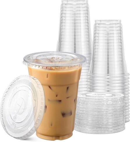 TashiBox Plastic Cups with Flat Lids 100 Sets 16 oz, Clear Crystal drink cups with lids in Saudi Arabia