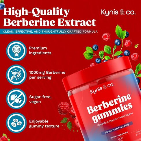 Kynis & co. Berberine Gummies with Ceylon Cinnamon and Apple Cider Vinegar - Sugar Free - Blueberry and Raspberry Flavor - 60ct - Supports metabolic and Digestive Health in Saudi Arabia
