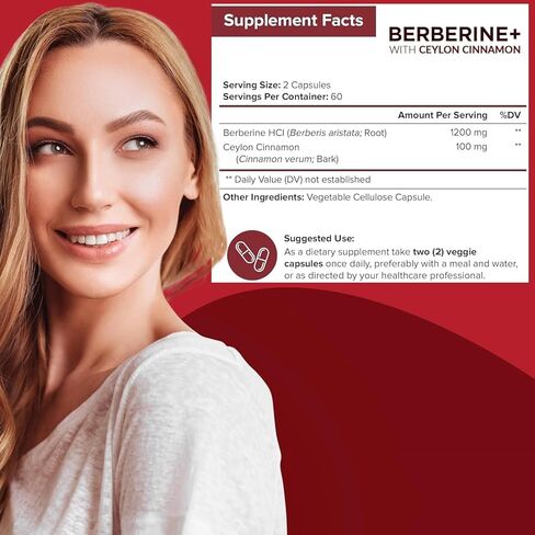 Berberine Supplement -1200mg with Ceylon Cinnamon for Men & Women for Health Support, Vegan & Gluten-Free, 60 Capsules (30 Days of Supply) in Kuwait
