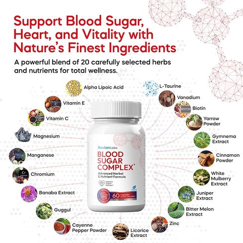 RevionLabs Blood Sugar Complex Support Supplement - 20 Active Ingredients Formula with Herbs & Vitamins to Support Healthy Blood Sugar Levels Metabolism & Energy - Vegan Gluten-Free Sugar-Free Non-GMO in Saudi Arabia