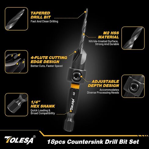 مجموعة لقم الثقب الغاطسة من TOLESA، 18 قطعة لقمة مثقاب مدببة للخشب مع قطعتين لقابس الخشب، حامل لقم تمديد مغناطيسي، لقم مفك براغي، ساق سداسية 1/4 بوصة مع صندوق تخزين in Kuwait