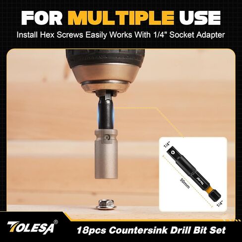 مجموعة لقم الثقب الغاطسة من TOLESA، 18 قطعة لقمة مثقاب مدببة للخشب مع قطعتين لقابس الخشب، حامل لقم تمديد مغناطيسي، لقم مفك براغي، ساق سداسية 1/4 بوصة مع صندوق تخزين in Kuwait