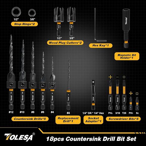 مجموعة لقم الثقب الغاطسة من TOLESA، 18 قطعة لقمة مثقاب مدببة للخشب مع قطعتين لقابس الخشب، حامل لقم تمديد مغناطيسي، لقم مفك براغي، ساق سداسية 1/4 بوصة مع صندوق تخزين in Kuwait