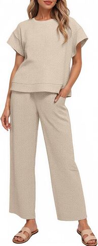 طقم بدلات رياضية من Bealin للسيدات بأكمام قصيرة وبنطلون واسع الساق مكون من قطعتين ملابس متطابقة in Kuwait