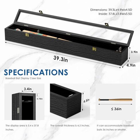 Picrit 39.3x4.9 مضرب بيسبول صندوق الظل القابل للتجميع مع قفل مزلاج من الزجاج المقسى والمعدن، حامل بيسبول أكريليك، تعليق عمودي/أفقي للتذكارات الرياضية الثمينة، عبوة واحدة in Kuwait