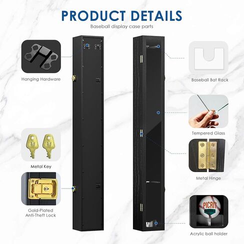 Picrit 39.3x4.9 مضرب بيسبول صندوق الظل القابل للتجميع مع قفل مزلاج من الزجاج المقسى والمعدن، حامل بيسبول أكريليك، تعليق عمودي/أفقي للتذكارات الرياضية الثمينة، عبوة واحدة in Kuwait