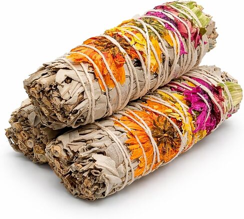 Ancient Veda Joy Organic White Sage Smudge Sticks with Flowers for Cleansing Home, Meditation, Yoga, Healing and Smudging | Sustainably Sourced California White Sage Bundles (3 Pack - 4 Inch) in Kuwait