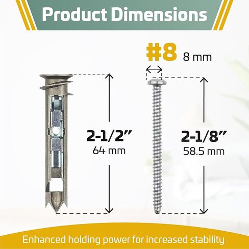 طقم براغي ومسامير تثبيت سهلة التركيب من Mortice and Tenon | طلاء زنك إضافي | قم بتعليق قضبان المناشف والستائر ومرآة الحمام وما إلى ذلك. | (#8 × 2-1/2 بوصة) 10 عبوات | تحمل 100 رطل in Kuwait
