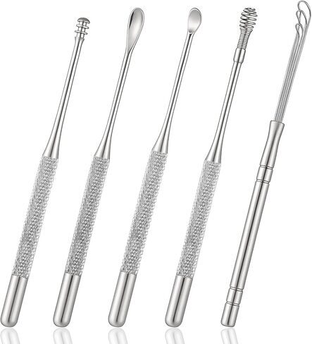 ElevateTech Ear Pick Earwax Removal Kit, 5 Pcs Stainless Metal Ear Cleansing Tool Set with Ears Spoon & Curette & Spiral Spring Reusable Earwax Removal Tool for Adults in Saudi Arabia