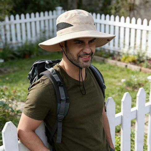 Men's Wide Brim Sun Hat UV Protection Fishing Hat with Breathable Mesh Adjustable Wind Lanyard & Foldable Design for Hiking, Beach & Outdoor Activities (Khaki) in Saudi Arabia
